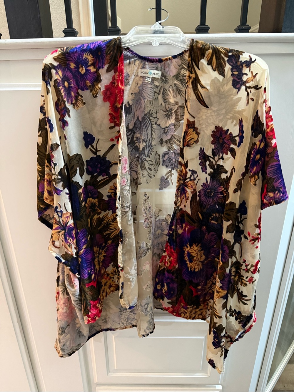 Woven Heart Cream Floral Open-Front Kimono with Purple & Red Blooms
